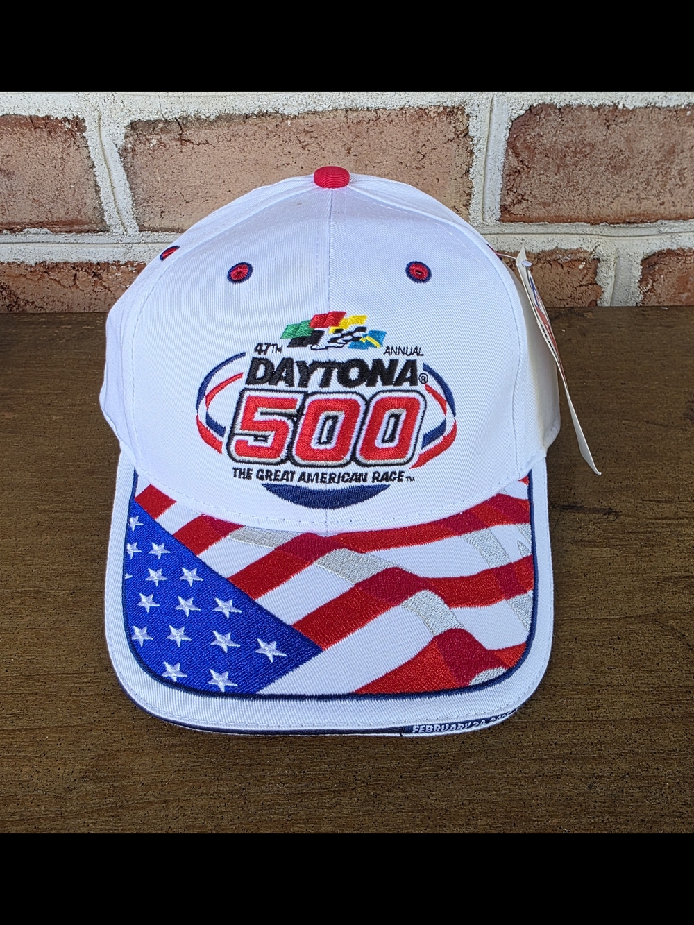 Daytona 500 White American Flag Strapback Racing Cap